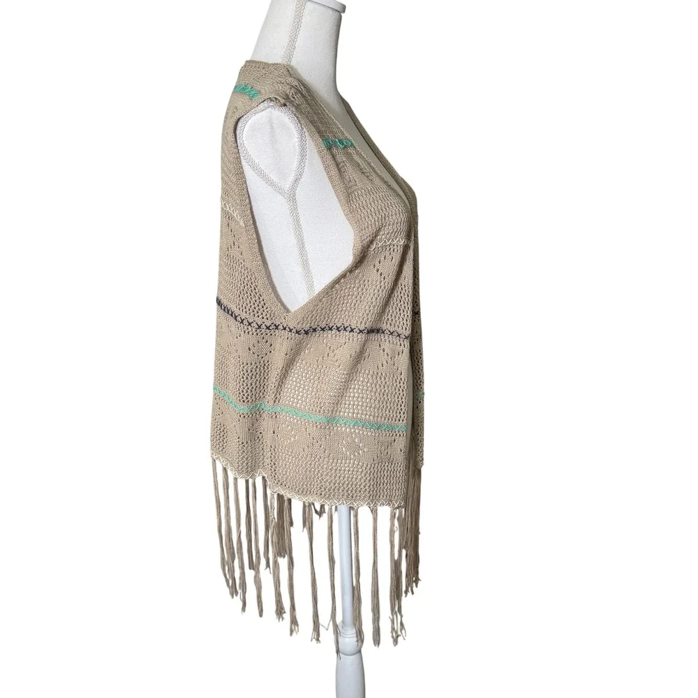 Umgee Tan Crochet Knit Fringe Vest 1XL Open Front Boho Festival *RUNS‎ SMALL
